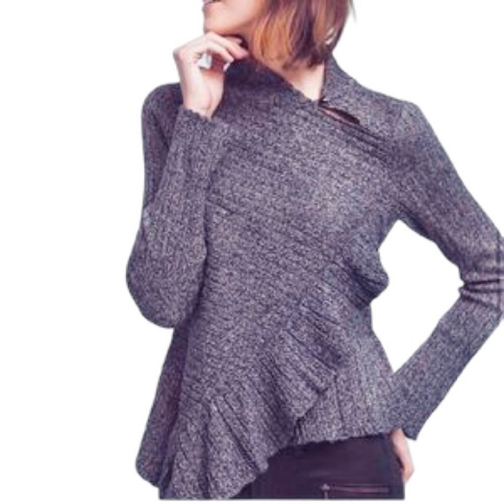** Anthropologie Knitted and Knotted Ruffle Trim Navy Marled Sweater Size XS